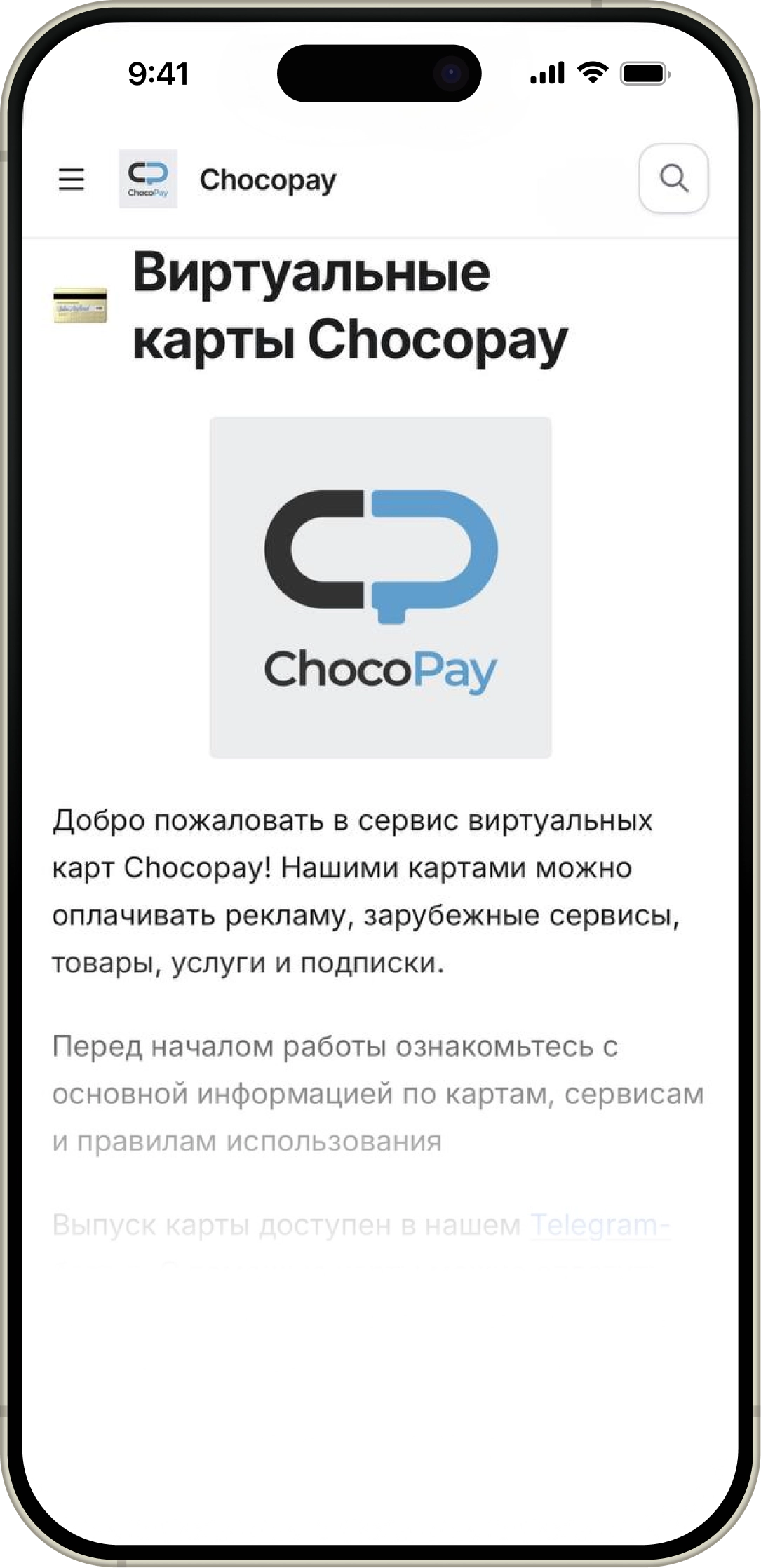 Экран с правилами выпуска карты